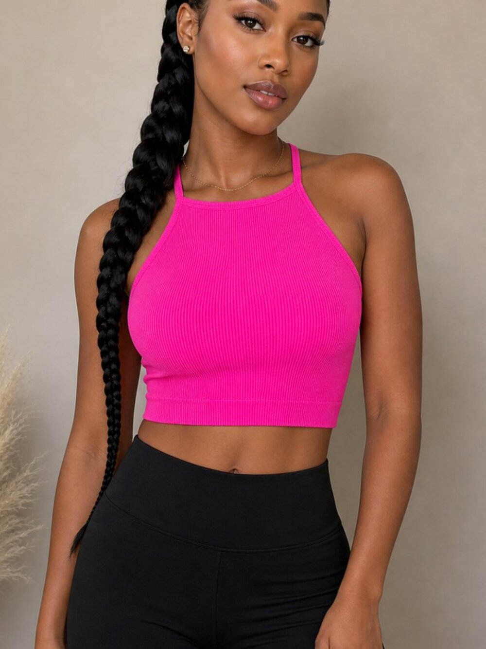 NWT Hot Pink Ribbed Halter Crop Cami Top